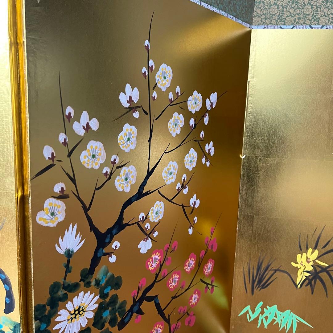 アンティーク】御肉筆屏風 四曲一双 日本画 金屏風 玉泉銘 古道具