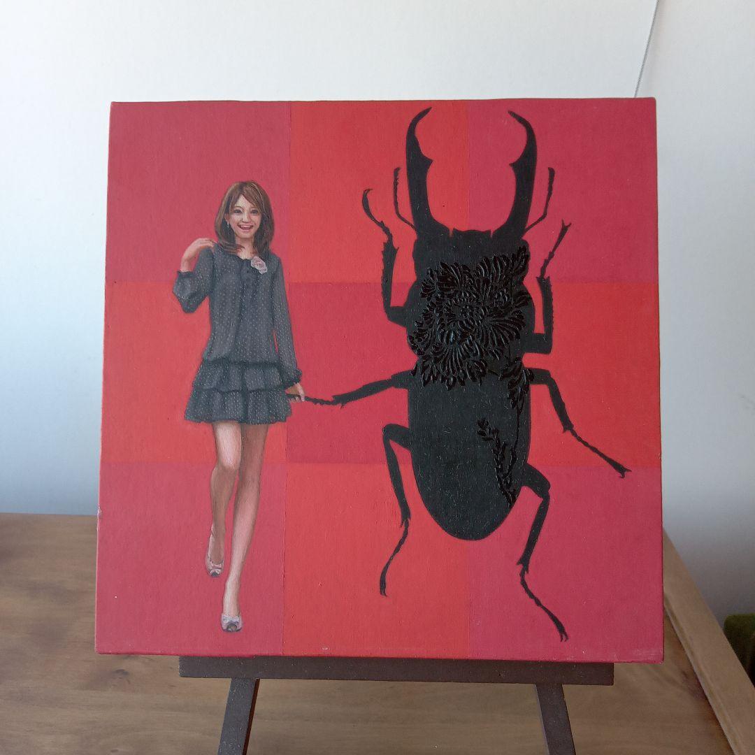 現代アート作品　松山賢　『抽象ガールと模様昆虫・赤』（A.R.）