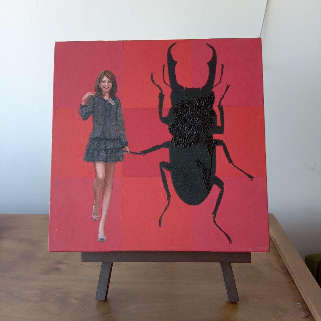 現代アート作品　松山賢　『抽象ガールと模様昆虫・赤』（A.R.）