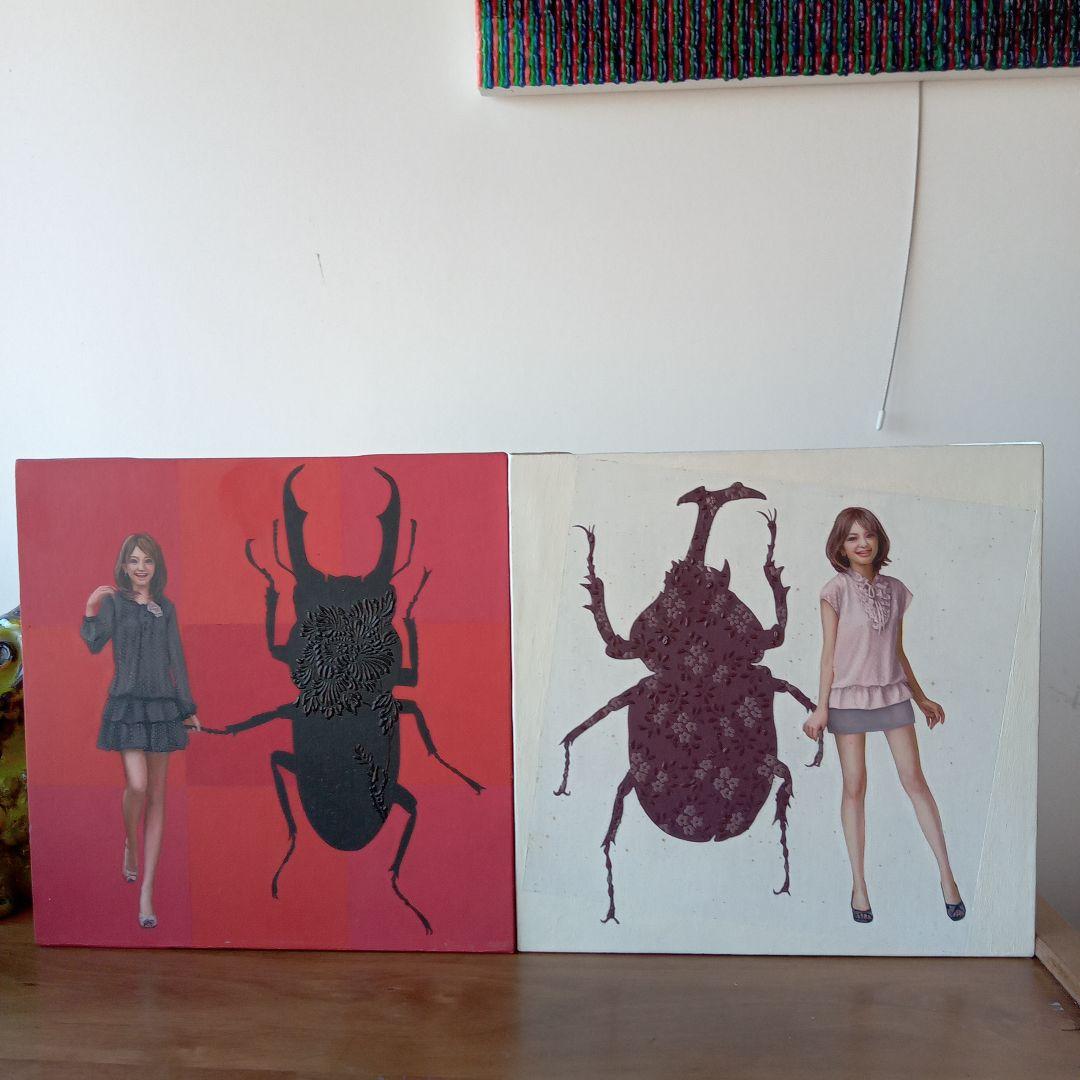 現代アート作品　松山賢　『抽象ガールと模様昆虫・赤』（A.R.）