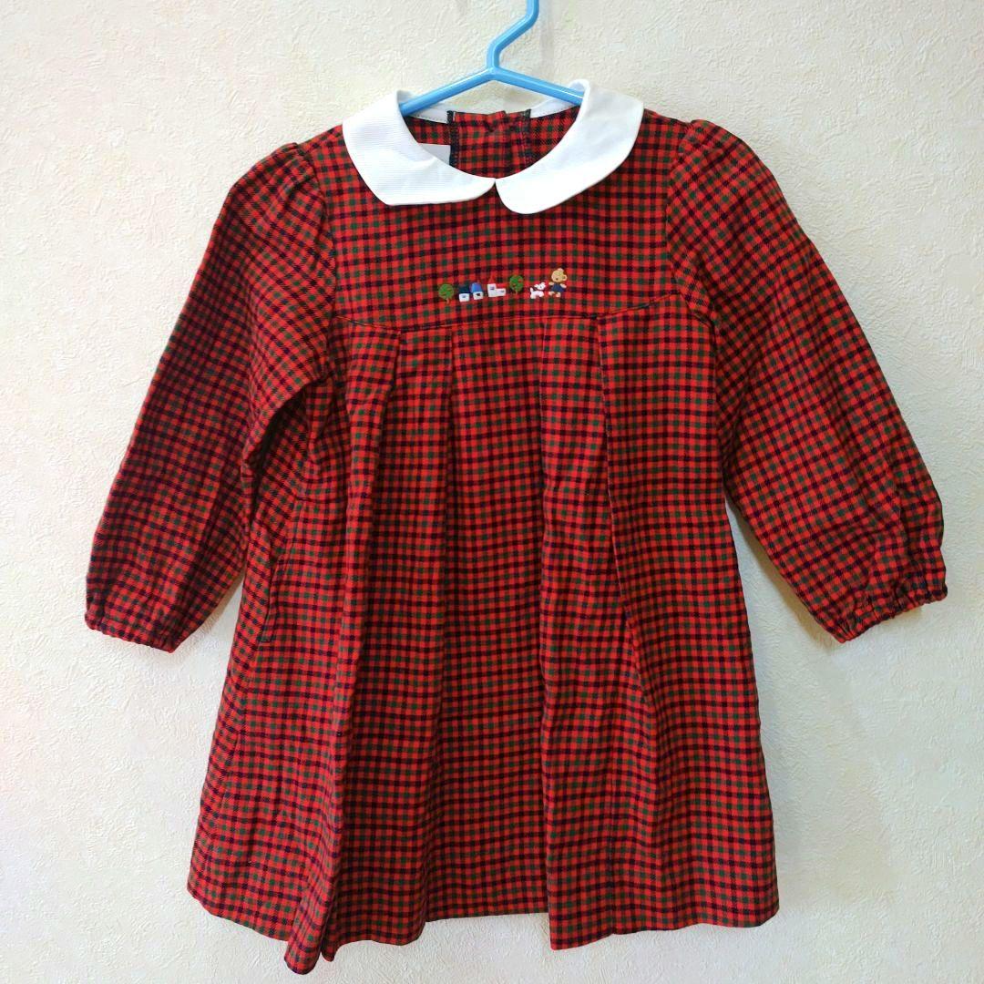 familiar ファミリア 赤 ワンピース チェック 【90】女の子 長袖