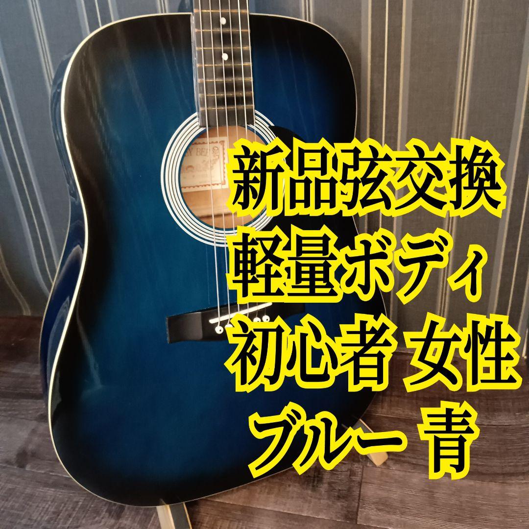 新品弦 軽量 初心者 ビギナー向け アコースティックギター ブルー 青