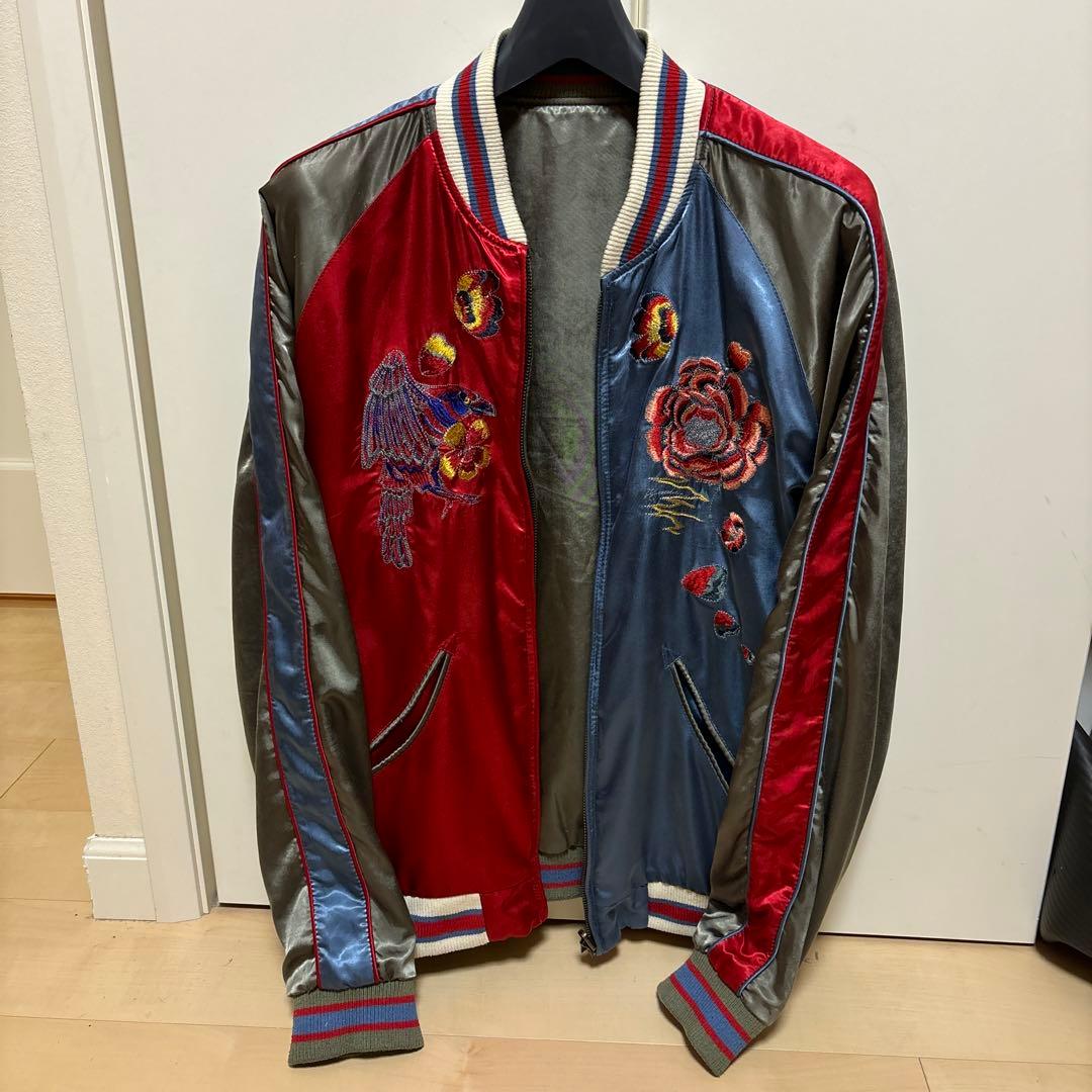 Dieselスカジャン リバーシブル　赤青 バイカラー 刺繍　カーキ　サイズL