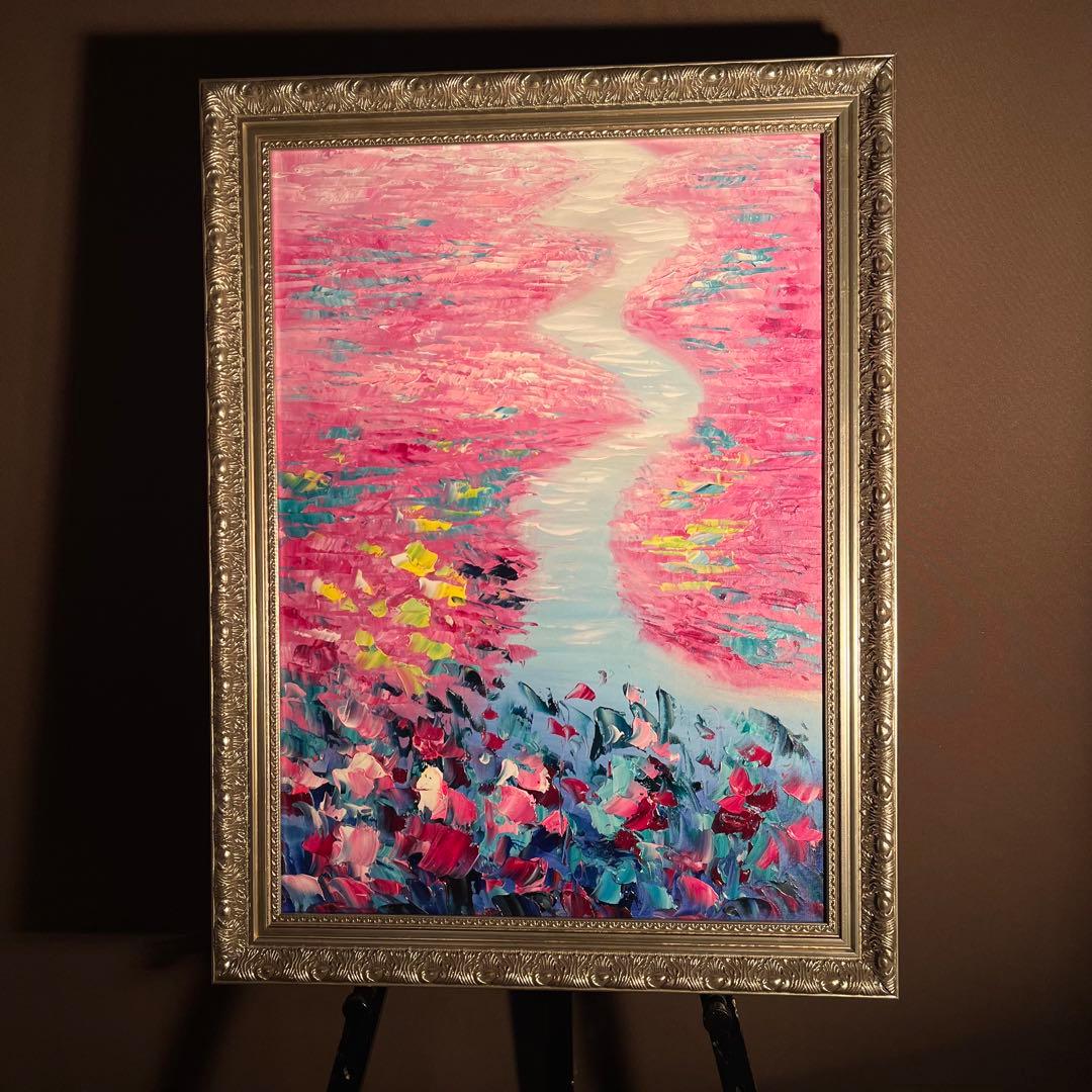 ☆秀作☆ 手書き油絵 朱に染まる睡蓮 額付 肉筆絵画 インテリア 油彩画