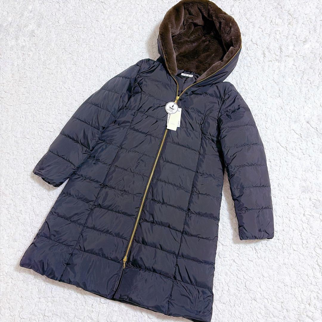 【新品タグ付】Favori はっ水加工 タフタ×ファー ロングダウンコート 黒