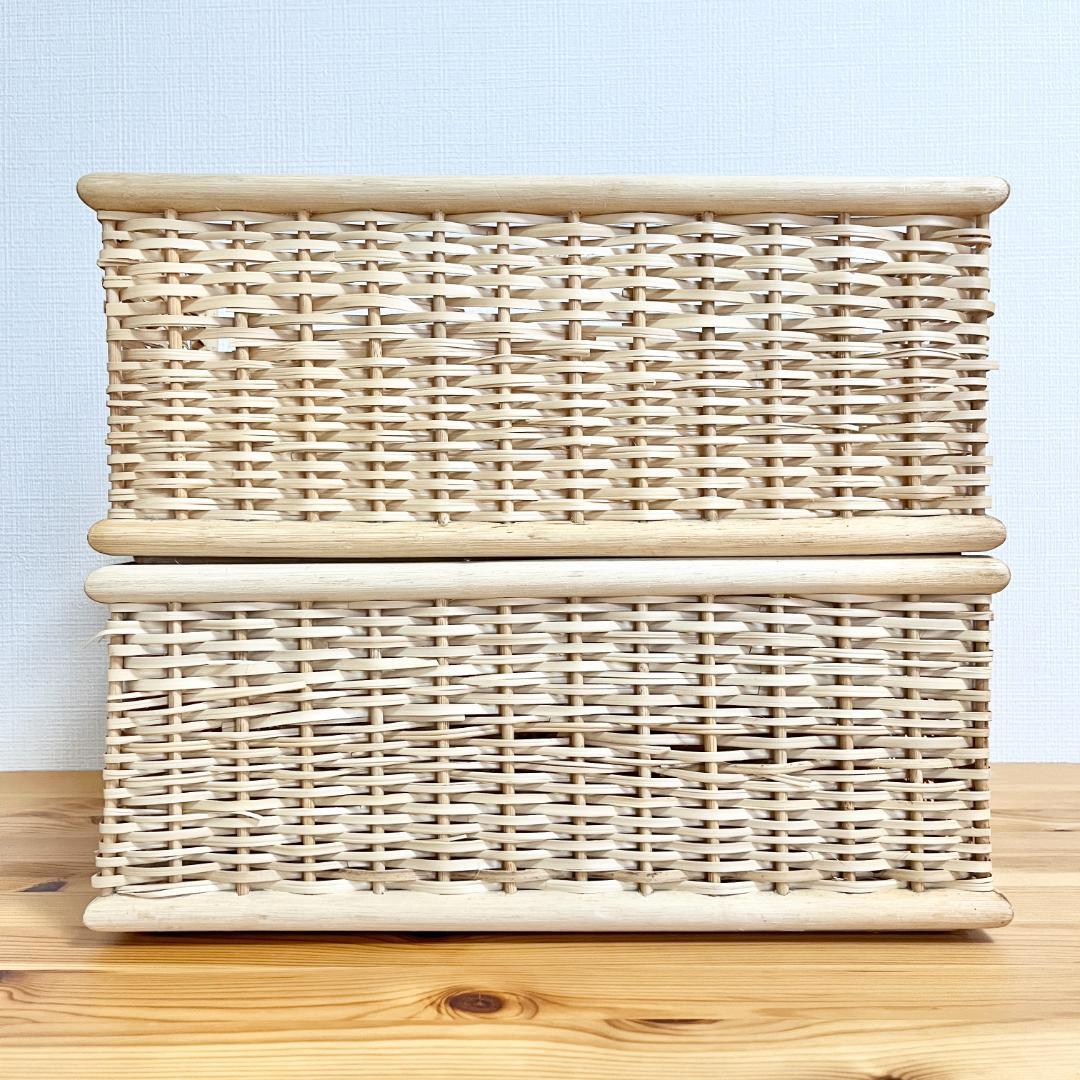 廃盤品】無印良品 重なるブリ材角形バスケット カゴ2個セット ラタン
