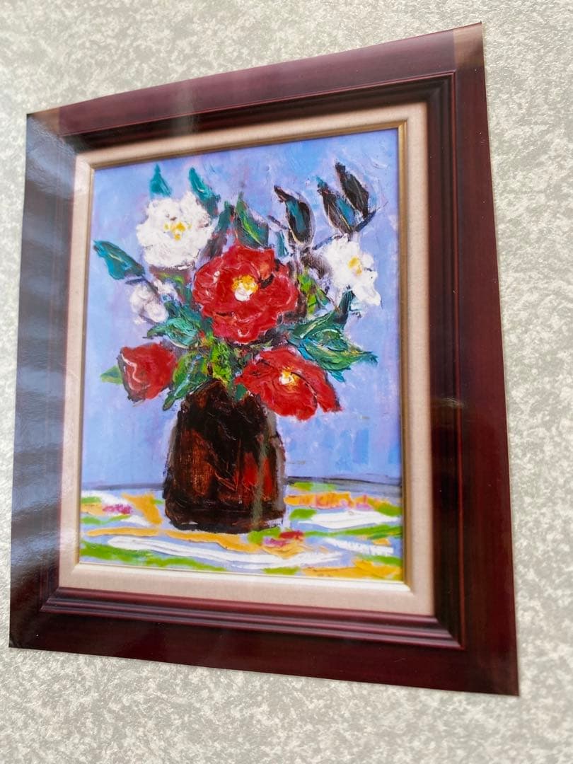 油絵 油彩画 原画 F6 「椿」菊地正則 額付き 美品 新品 送料無料