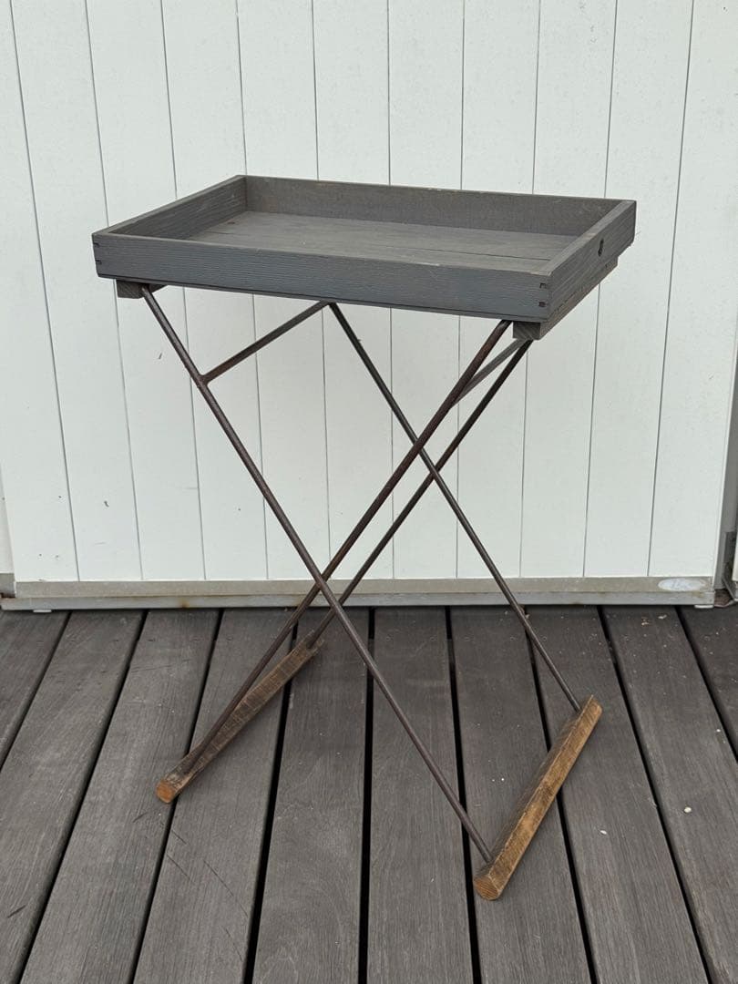 ヴィンテージ 昭和レトロ 古道具 折りたたみ木製トレイテーブル グレー 座机 文机 ちゃぶ台 座卓 レトロ 昭和 アンティーク ヴィンテージ 骨董