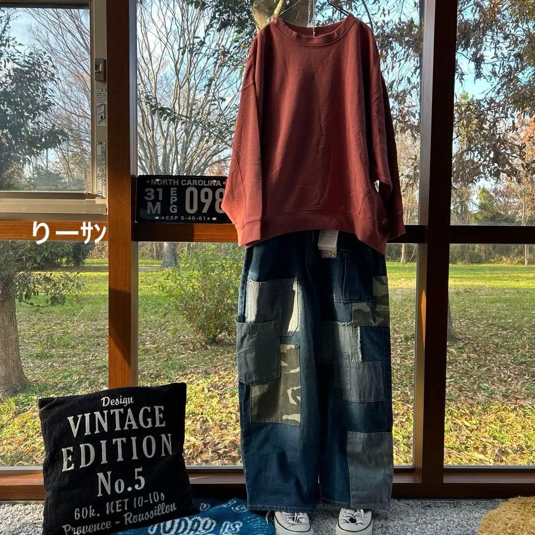 りーサン デニム×迷彩柄 パッチワークパンツ