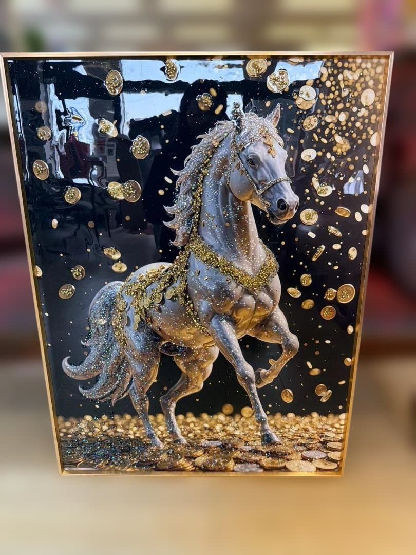 アートパネル　馬　ゴールド　水晶絵　馬　絵　額縁　壁掛け　アート　額絵　高さ80