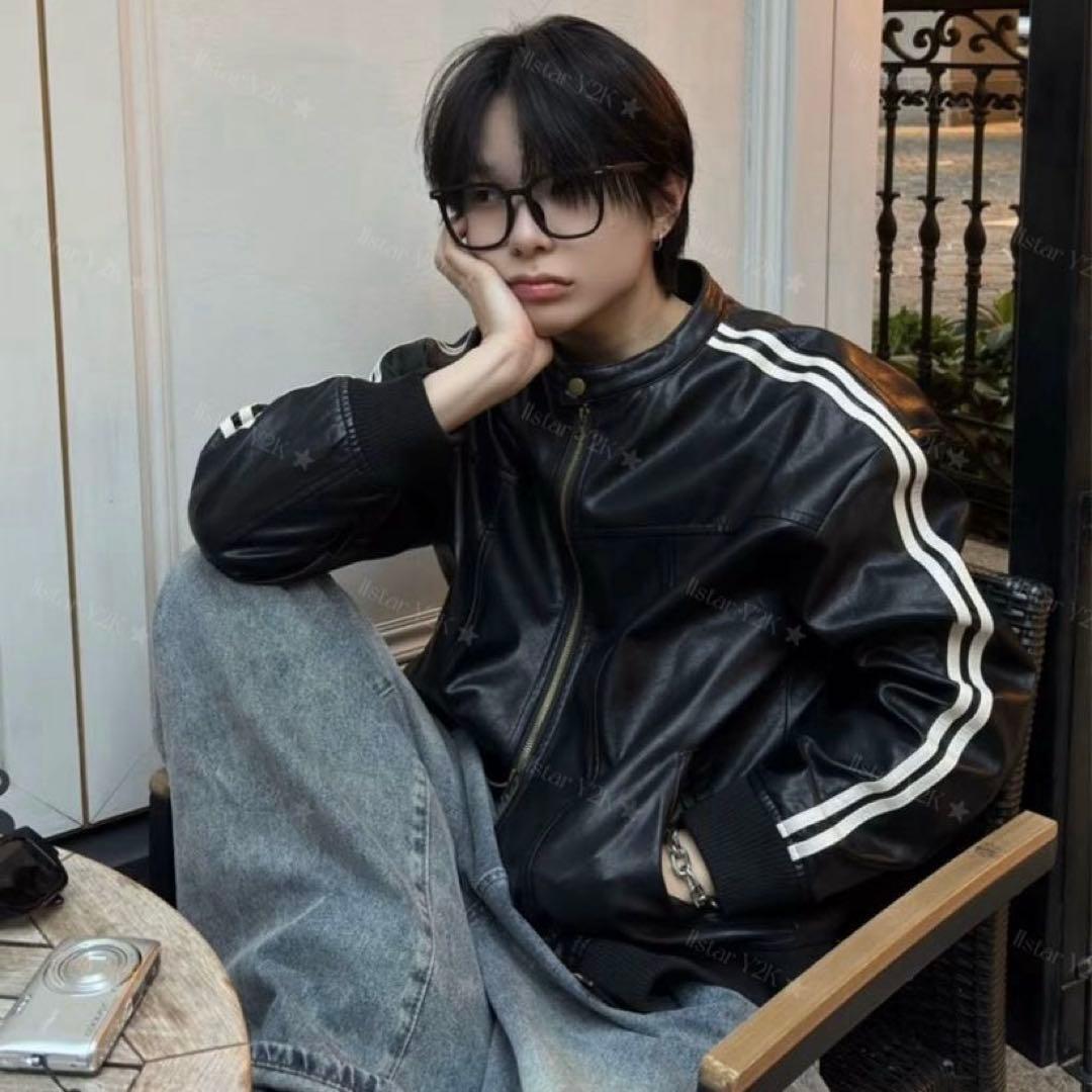 ジャケット・アウター Y2k line leather jacket black Luvcode xu