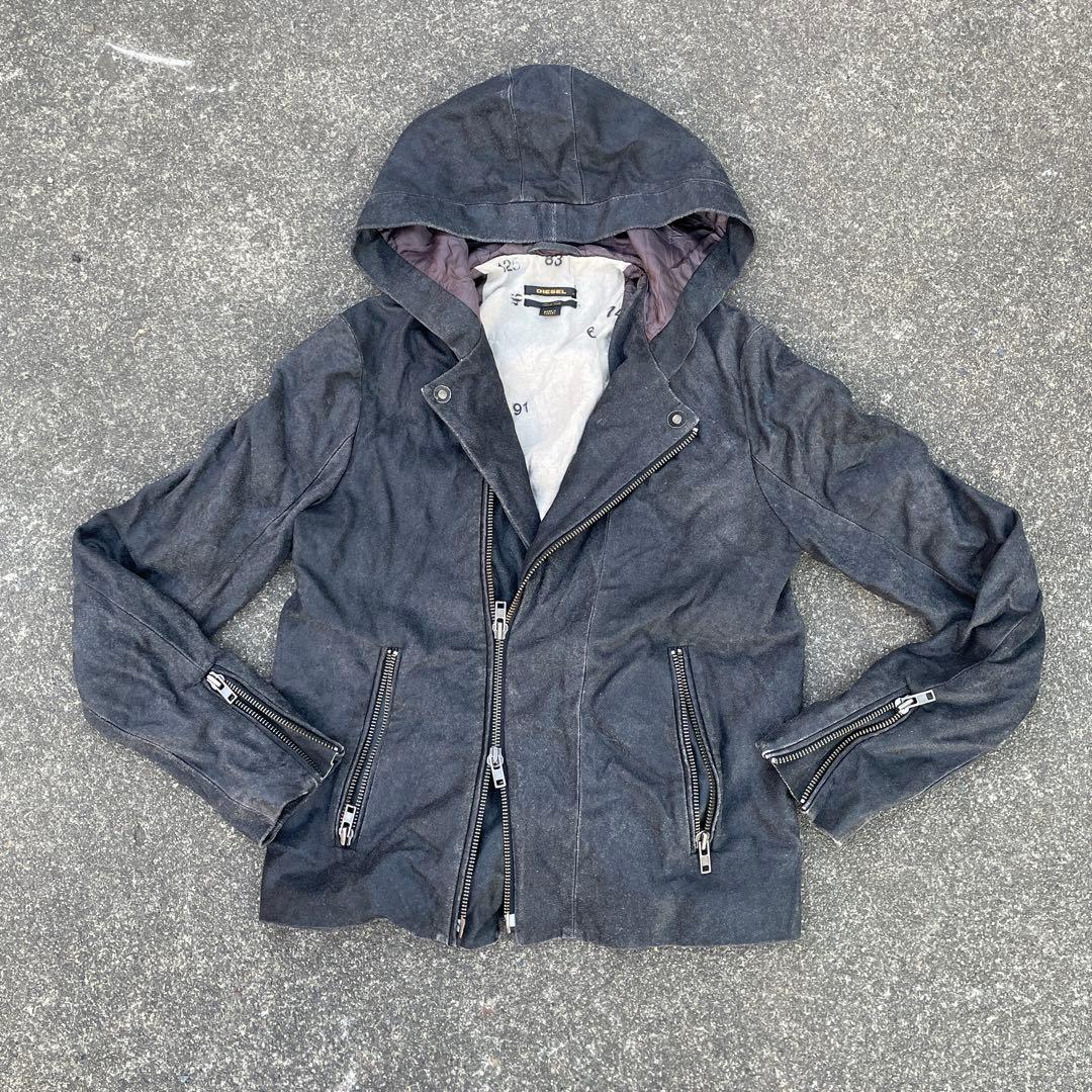 希少 DIESEL グレー フード付きレザーライダースジャケット エイジング加工