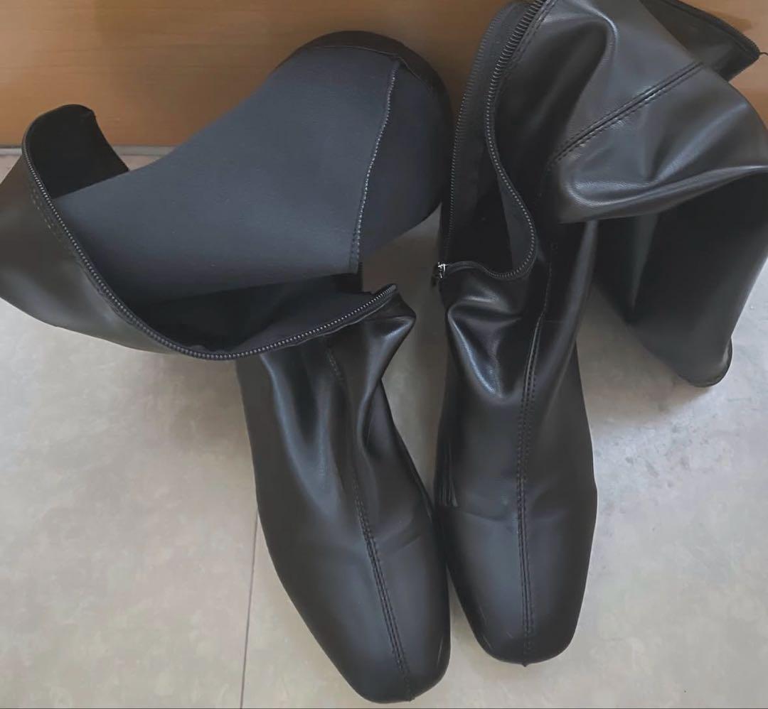 ブラック 合成皮革 ロングブーツ ジッパー付き