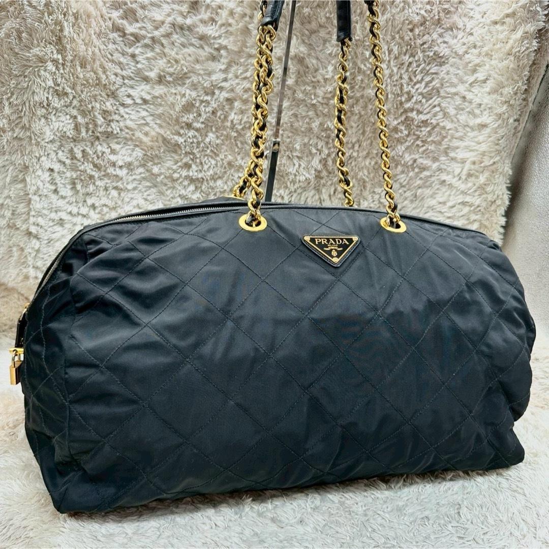 【美品】プラダ ボストンバッグ ブラック ナイロン キルティング 三角ロゴ PRADA（プラダ） 美品 テスート 三角ロゴプレート ブラック 黒
