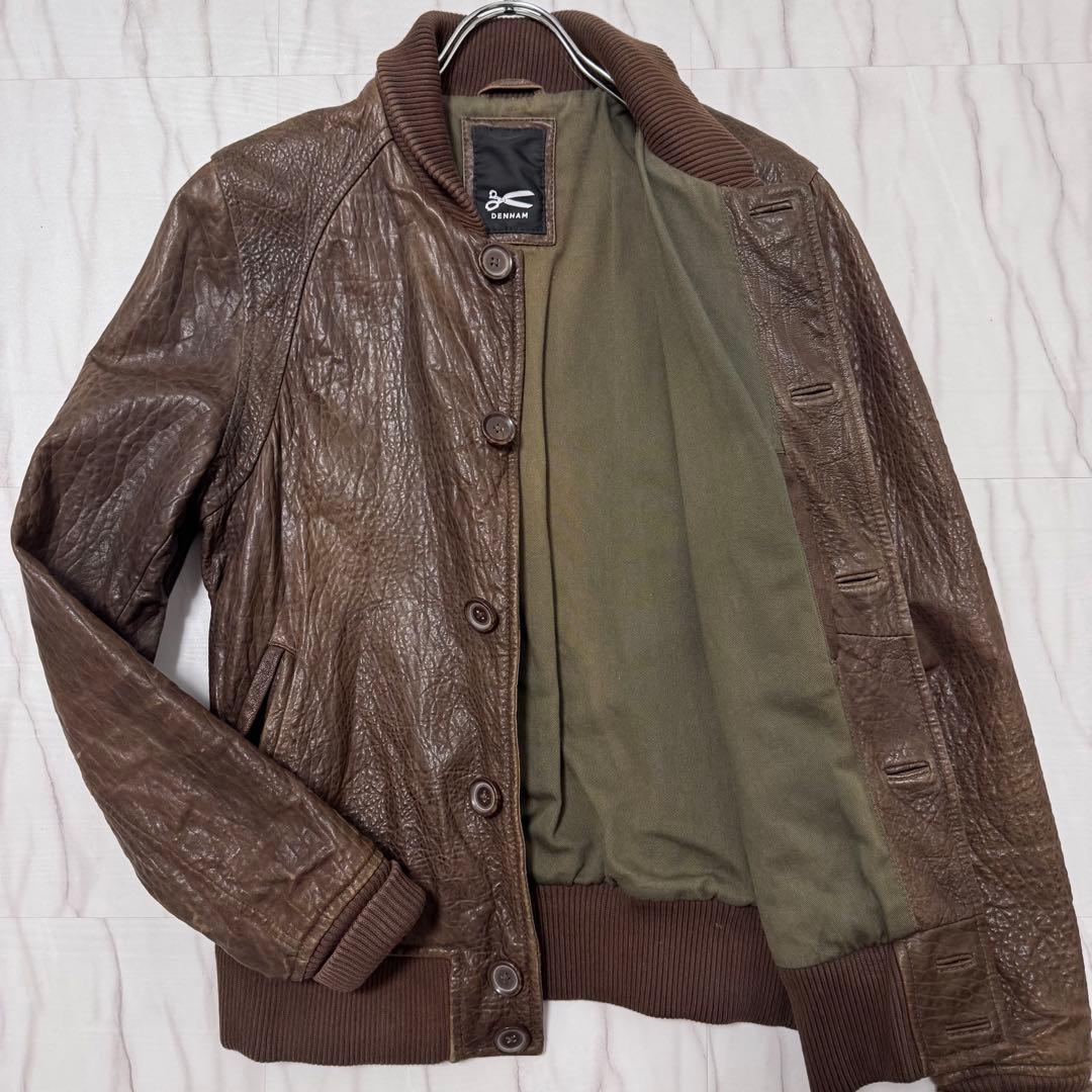 デンハム レザーブルゾン ショールカラー ボタン ブラウン Mサイズ 本革 リブ メイル Meiru Meiru 袖配色リボンPUレザーブルゾン （ブラウン