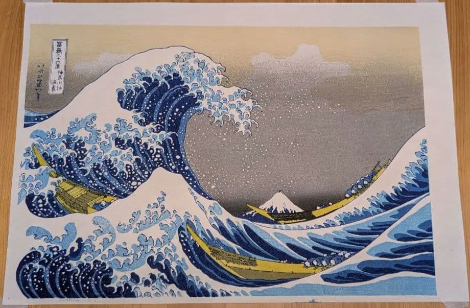 本物木版画 彫師と摺師の技♪ 神奈川沖浪裏 葛飾北斎 浮世絵 額付き