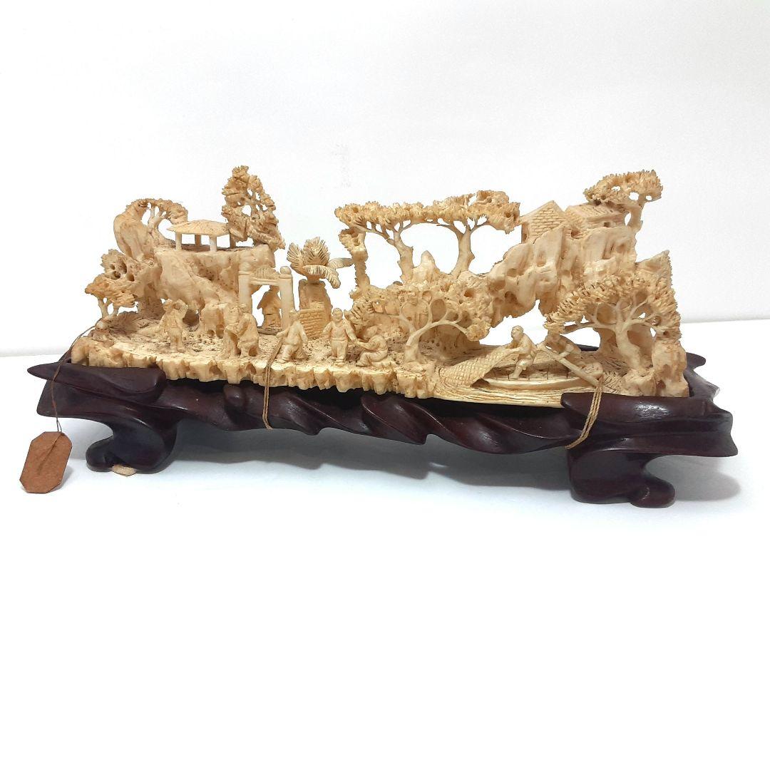 Y1183-1 高級彫刻 細密造 山水楼閣 置物 重量441.5g 横20㎝