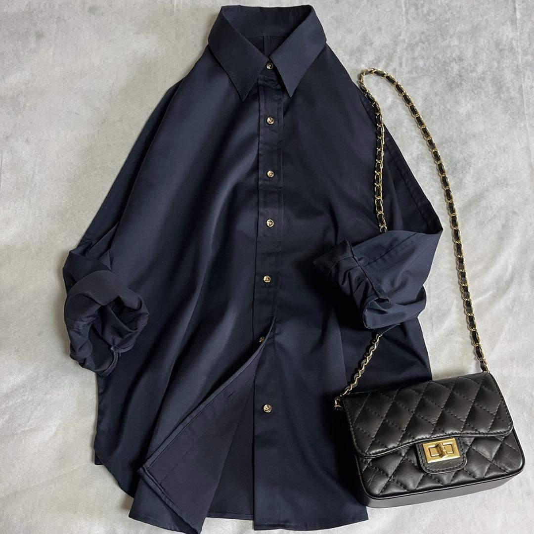 極美品❤️LOUNGEDRESS ラウンジドレス サテンBIGシャツ ネイビー　艶
