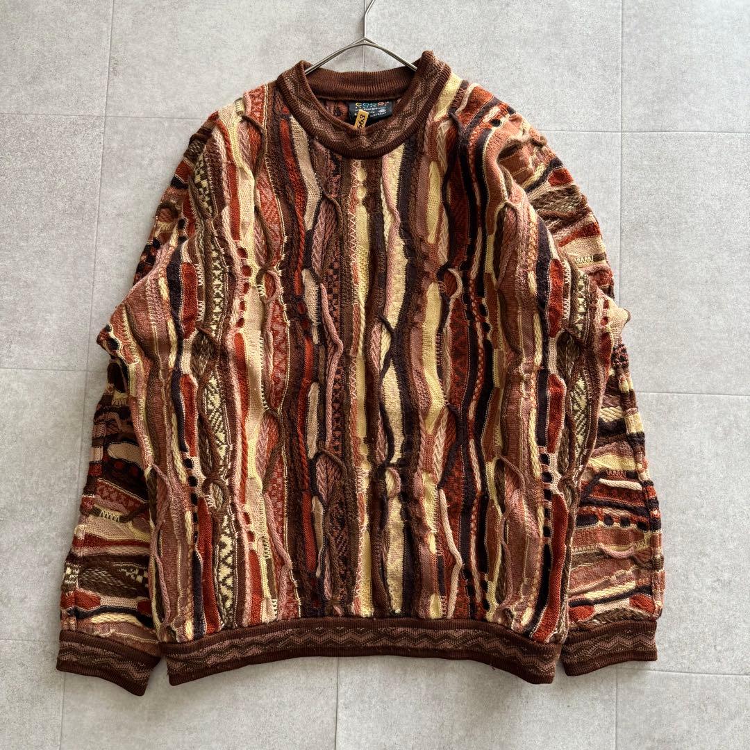 クージー　3D編みニット　セーター　マルチカラー　ブラウン系　長袖