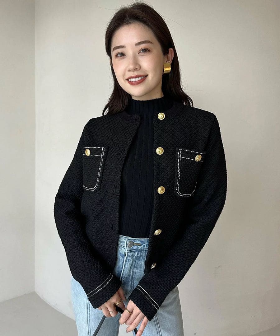 anuans ノーカラーニットジャケット