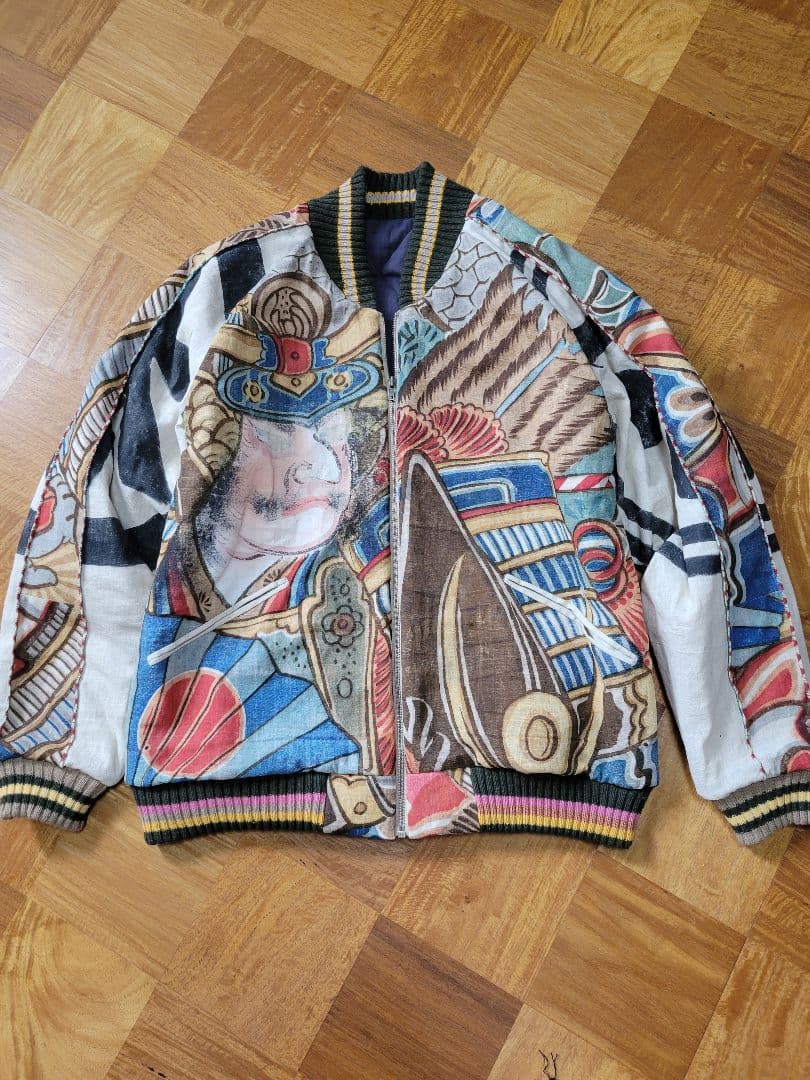 め1118古布リメイク木綿幟旗ジップアップスカジャンMA1ハンドメイド着物アロハ