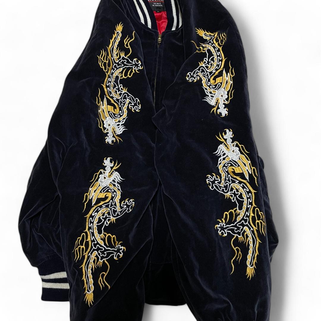 ベロアスカジャン紺ネイビー古着袖刺繍和柄鳥鷹鷲竜龍ドラゴン別珍