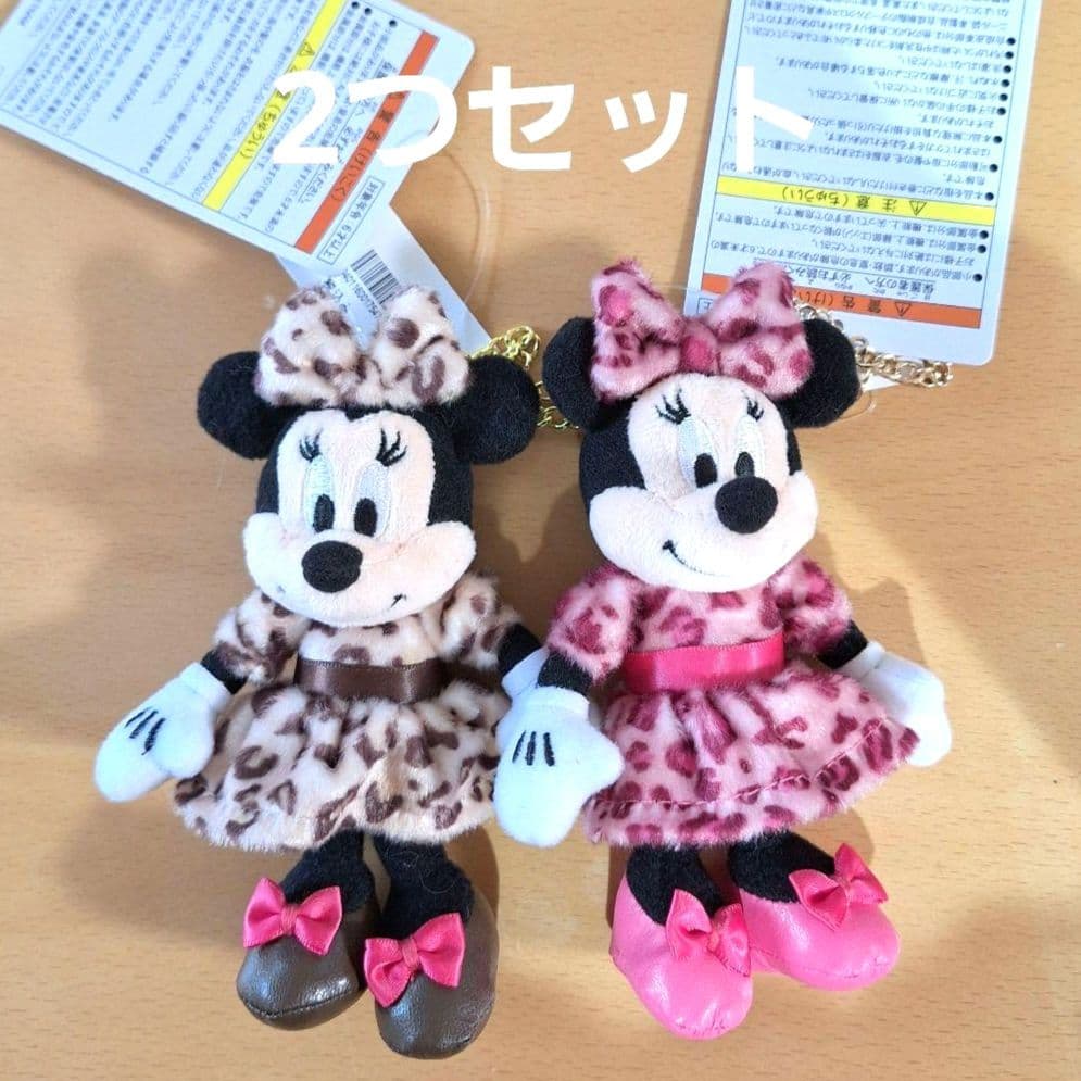 ミニーちゃん ヒョウ柄 ぬいぐるみチャーム バッジ ピンク ベージュ 2