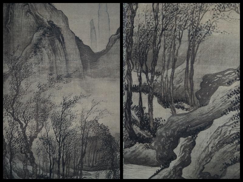 複製】明 唐寅『歩渓図』絹本掛軸 茶室掛 共箱 故宮博物院監製 山水図