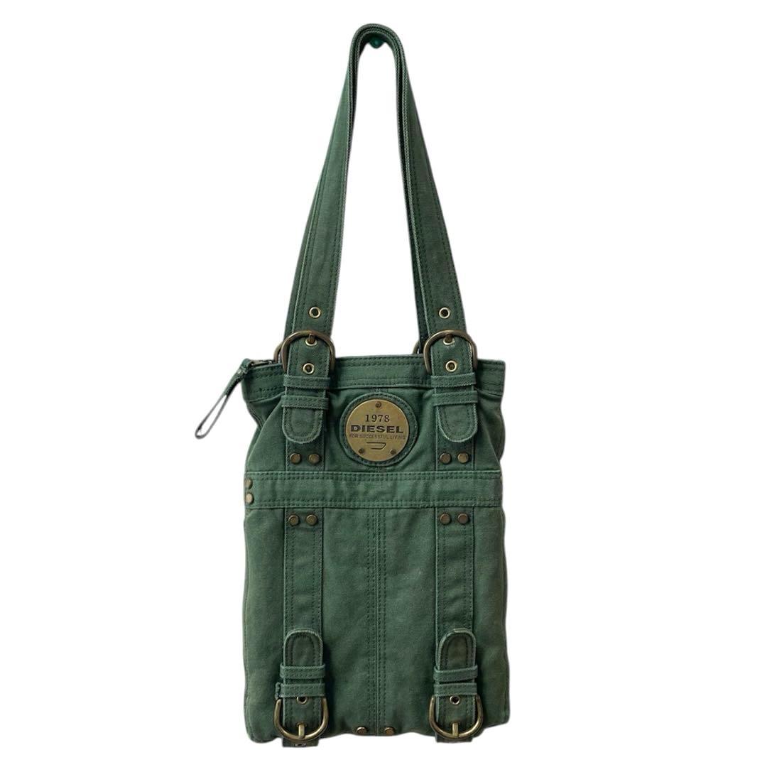 美品　DIESELディーゼルY2K メタルロゴ トートバッグ グリーン