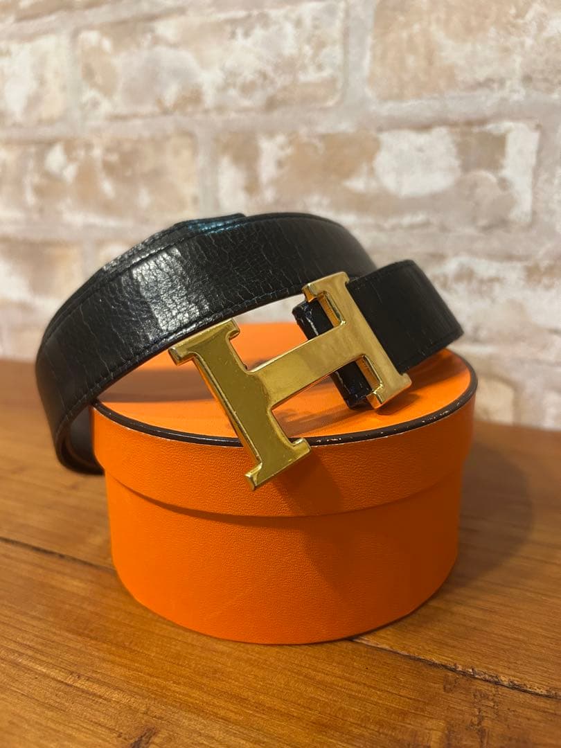 HERMES H型バックル ブラックレザーベルト オレンジボックス付き