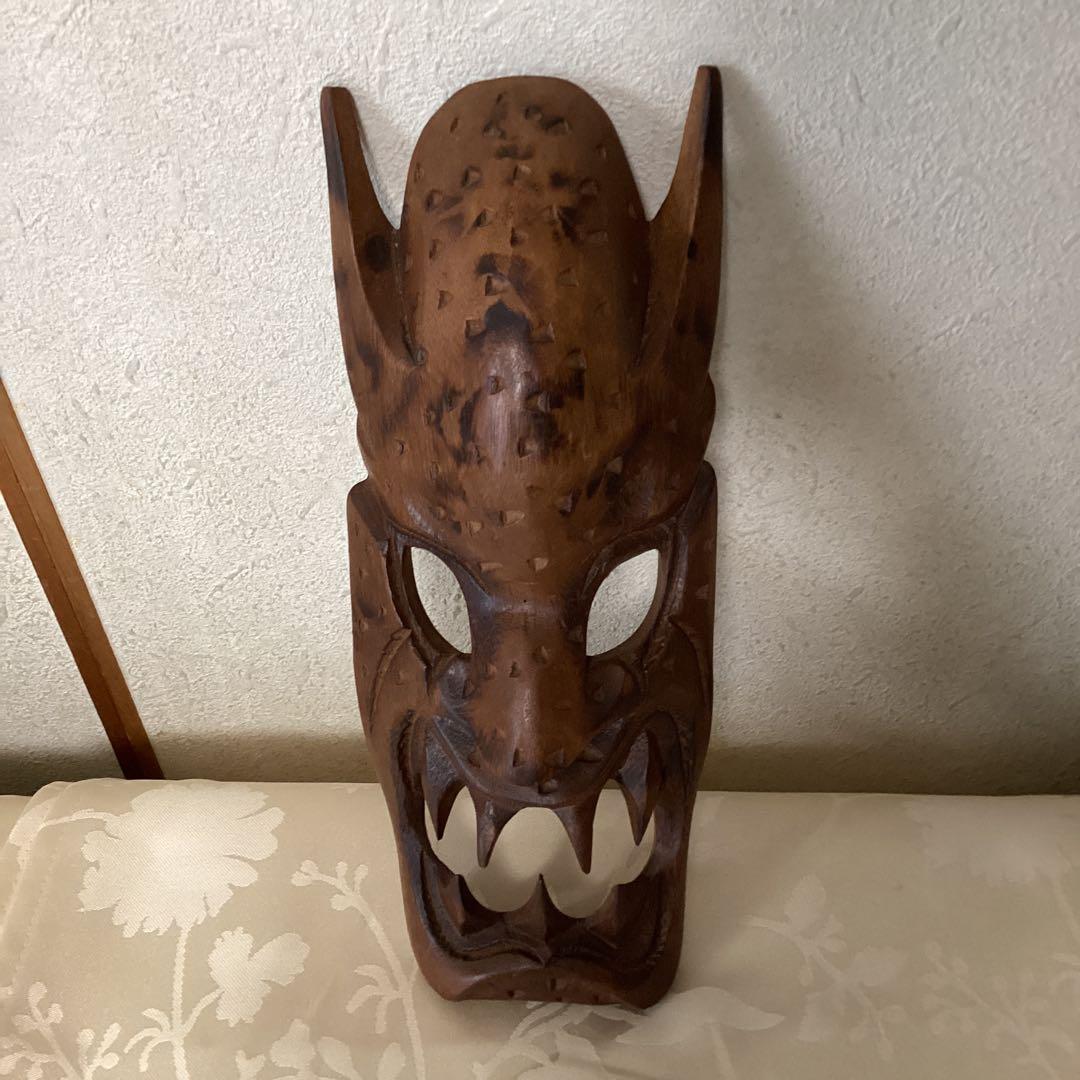 木彫　魔除け面　【壁掛　民藝　木彫巧藝】　インテリア壁掛