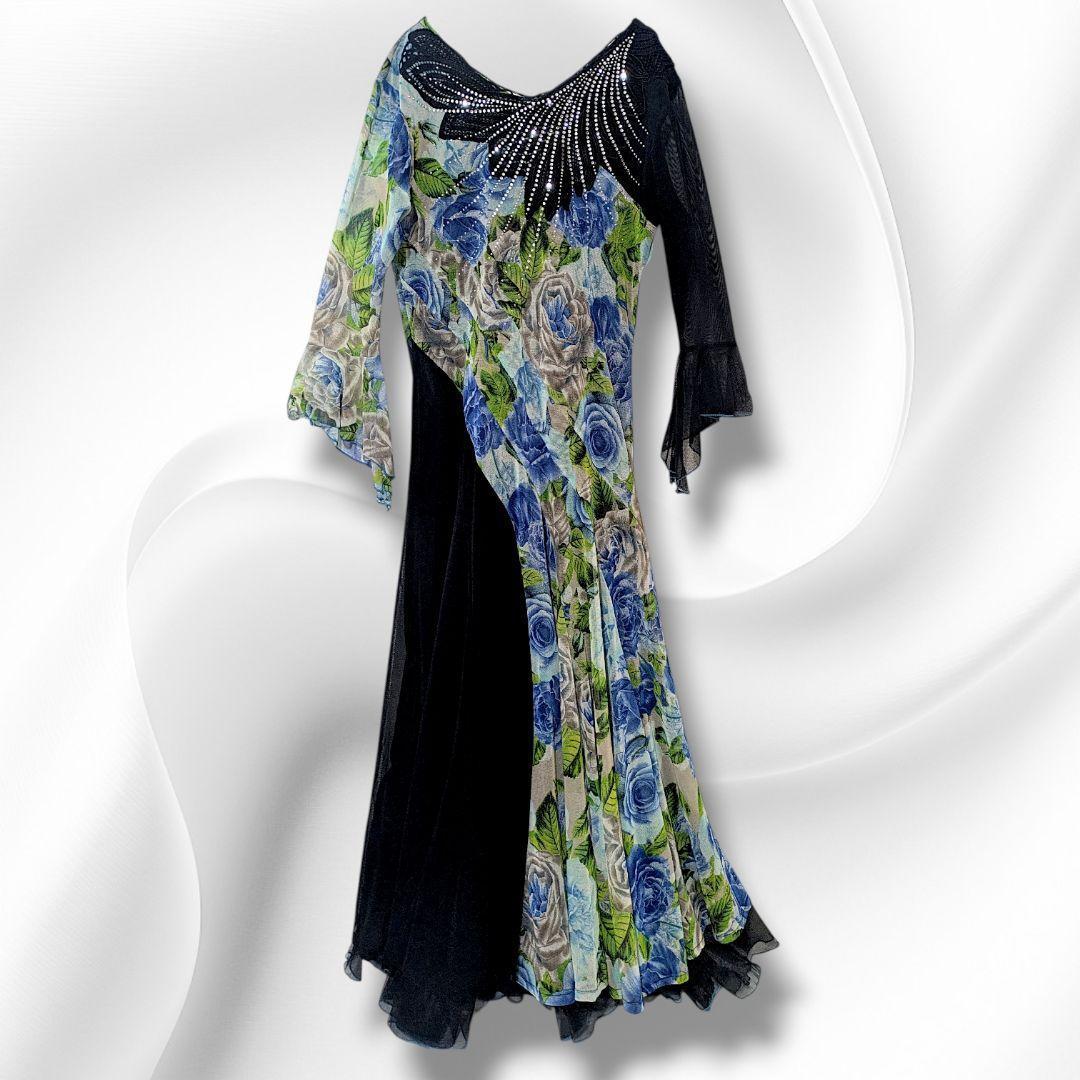 【美品】社交ダンス 衣装 ドレス 青薔薇柄 ブルー ラインストーン 黒 社交ダンス衣装】ブルー ワンピース ドレス 青 黒 ブラック 花柄 蝶