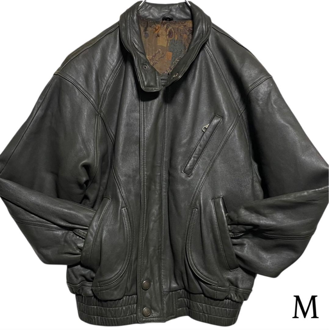 【vintage】羊革 本革 ラムレザーシングルライダースジャケット カーキ M 6153a-1.jpg
