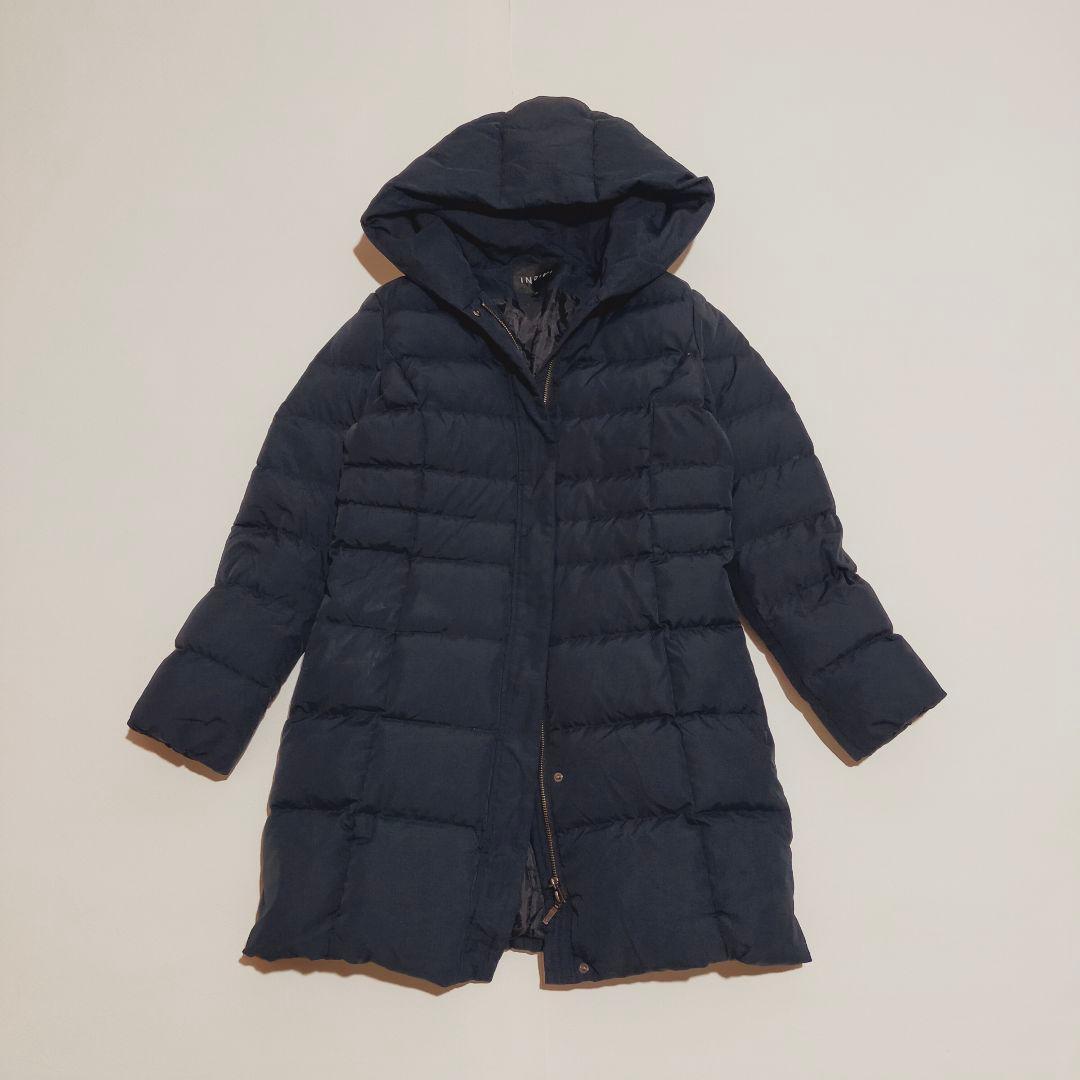 美品✨インディヴィ タフタ フーデット ダウンコート ロング ネイビー 40 洗える撥水／2WAY】リサイクルロングダウンコート | インディヴィ