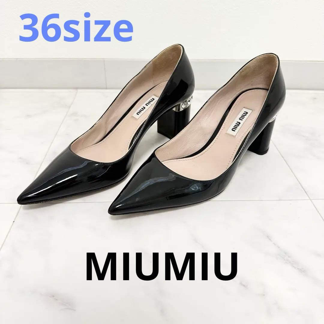 美品 MIUMIU パンプス 23cm 猫モチーフ クリスタル付　ブラック