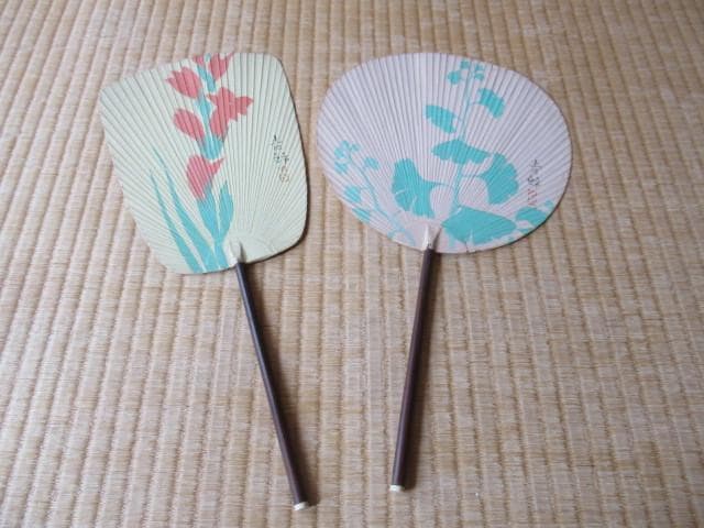 美品 大正時代◆西村青歸 直筆 日本画『グラジオラス・イチョウ』団扇うちわ 2枚