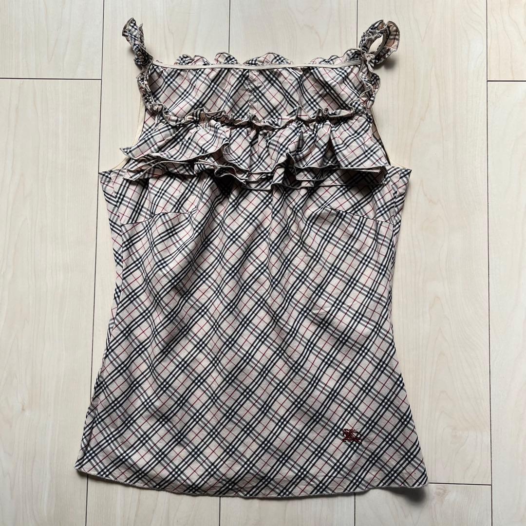 Y2K バーバリーブルーレーベル ノバチェック フリル キャミソール ベージュ 古着 バーバリーブルーレーベル BURBERRY BLUELABEL ノバチェック柄