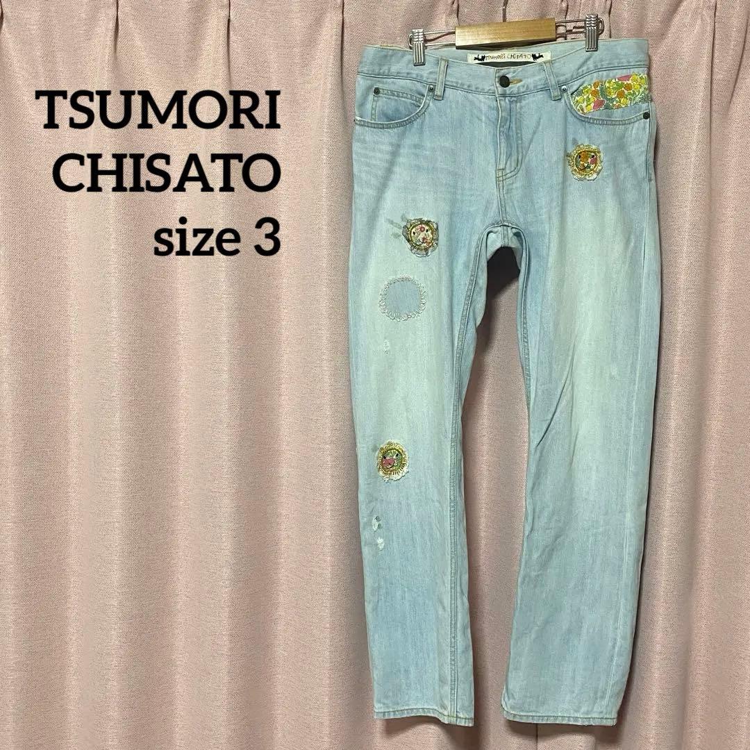 ツモリチサト 刺繍アップリケ ストレートデニム ジーンズ 3 水色 L 花