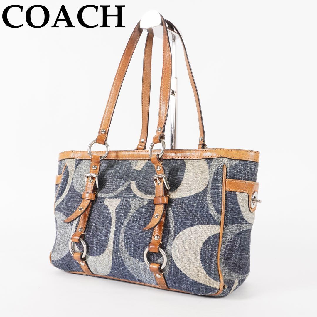 美品 COACH ハンドバッグ シグネチャー ターンロック デニム