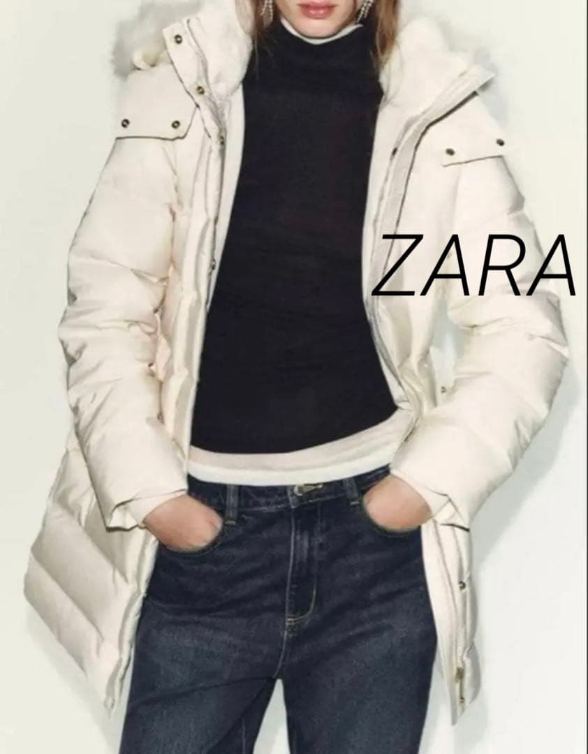 ZARAザラ WIND PROTECTION セミロング丈フードダウンジャケット ZARA - ZARA セミロング丈フード付きダウンジャケットの通販 by はな