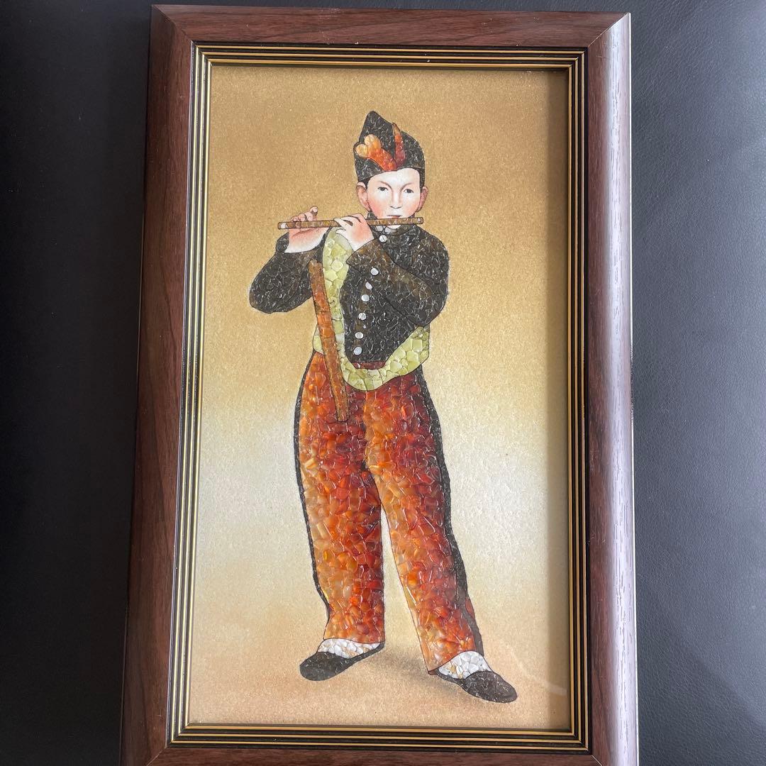 笛を吹く少年　天然大理石　プレミア品　額縁付