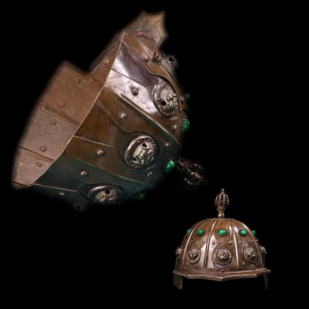中国古美術 金属製ヘルメット 純銅製 純手作り 極細工 鏨刻 旧家蔵出 唐物