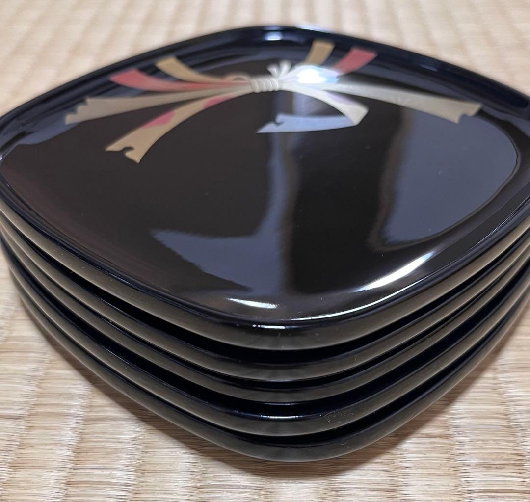 輪島塗 木製 黒塗り 色絵熨斗文様蒔絵 銘々皿 五客 煎茶道具高平信子作