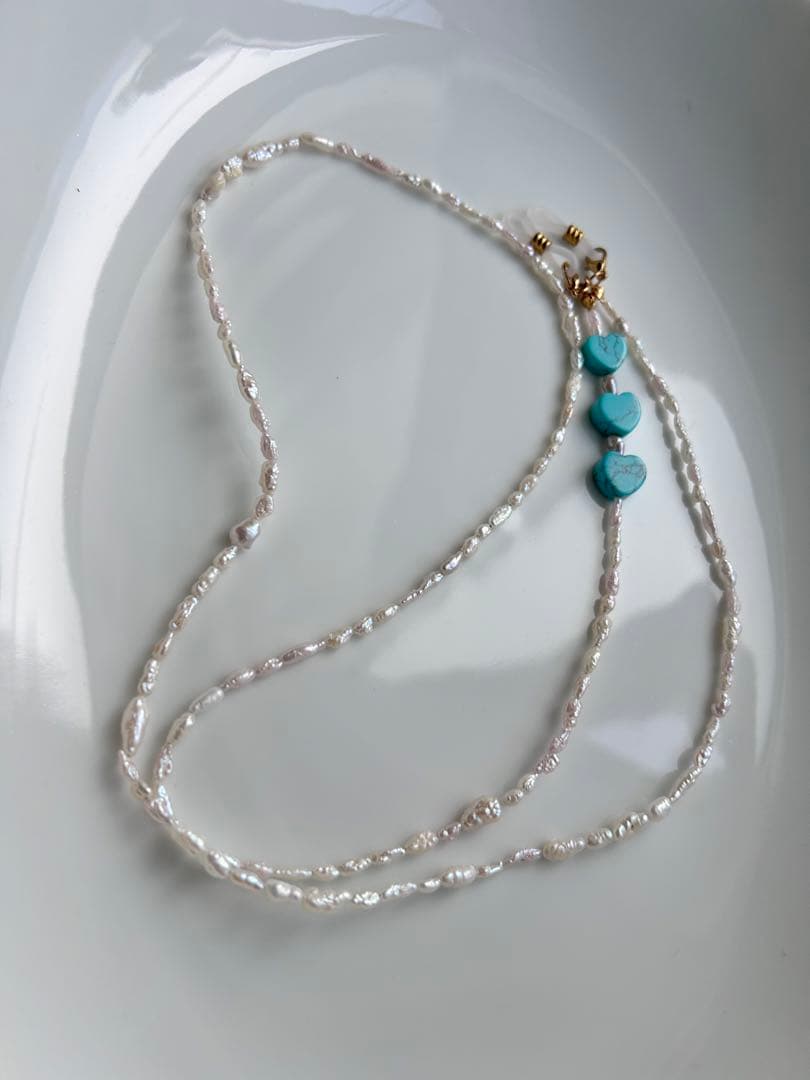 淡水パール　ターコイズ　ハート　メガネ　マスク　チェーン　2way
