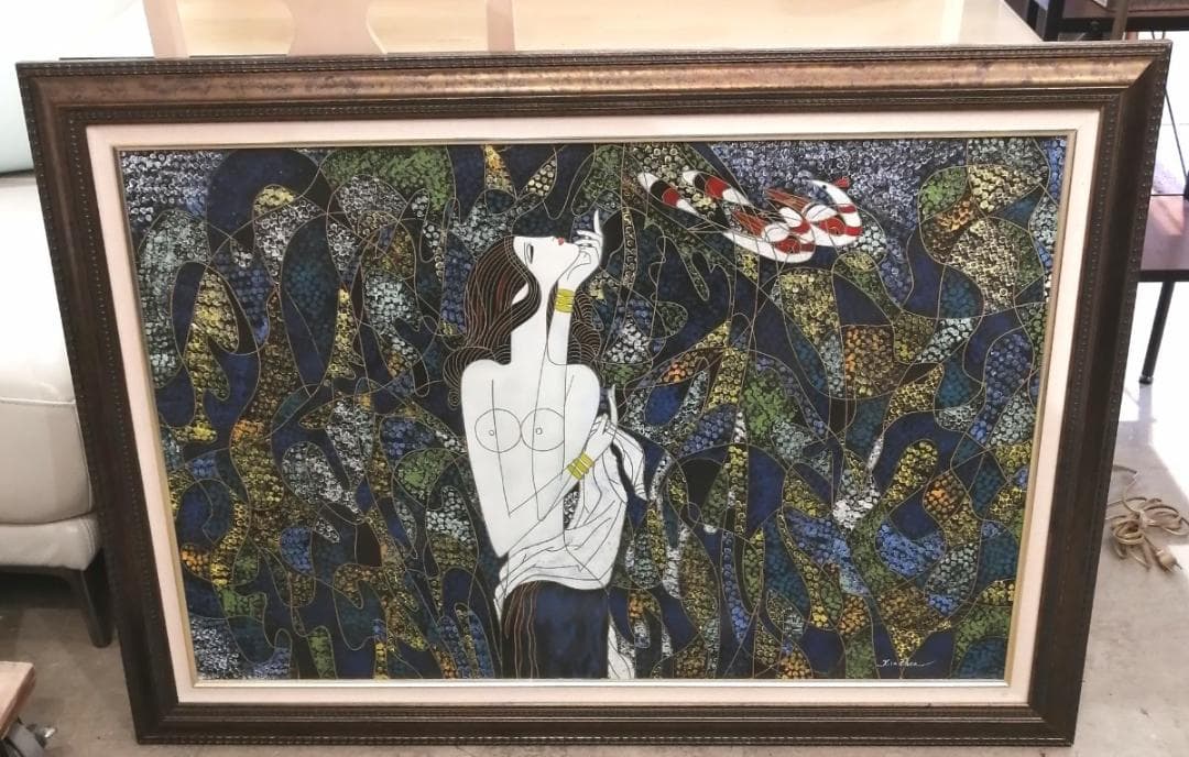 i□ 【蔵出】真作 Xia Zhen 美人画 油彩 肉筆 サイン 額装 中国美術