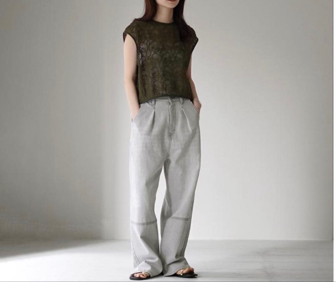 【 YENN / イエン 】 タックワイドデニムパンツ ライトグレー