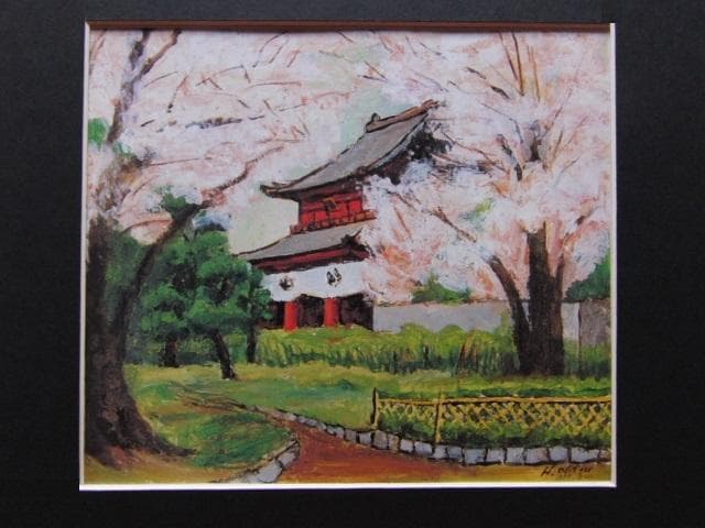 大津博、【芝・増上寺と桜】、希少な額装用画集より、美品、新品額装付、インテリア