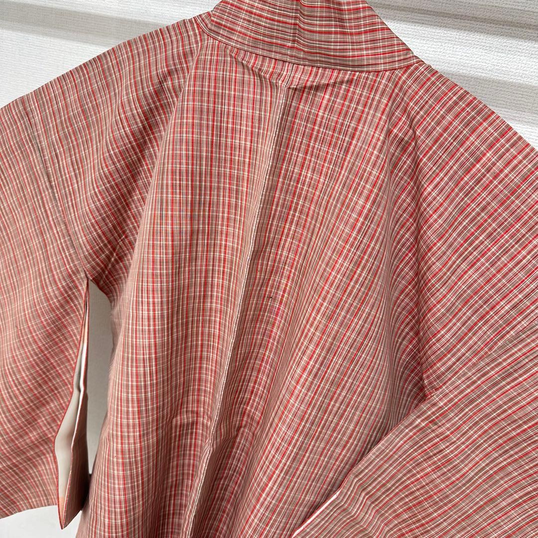 格子柄大島紬 アンサンブル 可愛い色味 着物 正絹 袷 バチ衿 RK-4077の