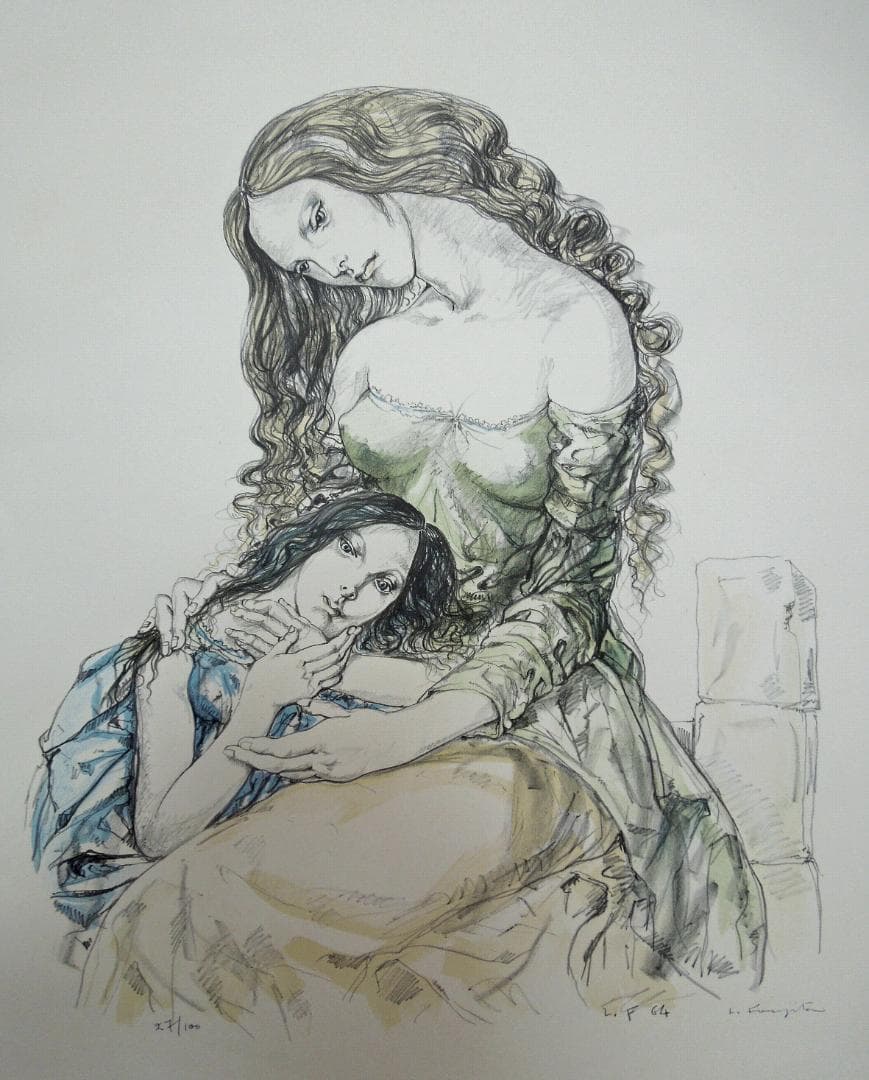 真作　130万円　君代コレクション　藤田嗣治　母と娘　直筆サイン　ブイッソン証明