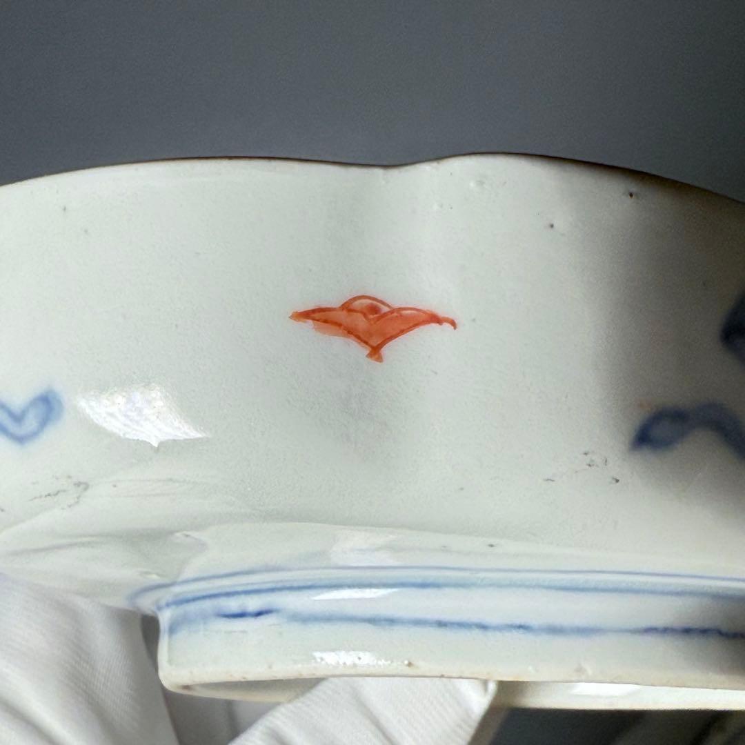 古伊万里 色絵幾何学文木瓜形皿 五客 裏文様有 巻物 宝珠